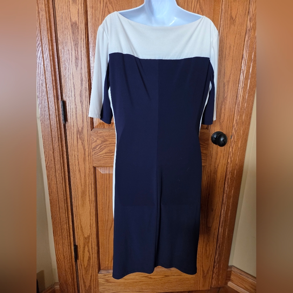 Chaps Navy & Cream Dress w Left Side Ruching, EUC, XL - Picture 2 of 3
